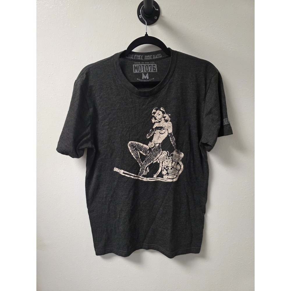 Moto76Co Graphic Tee Live Free Ride Hard Pin-Up Girl Motorcycle Dark Gray Sz-Med